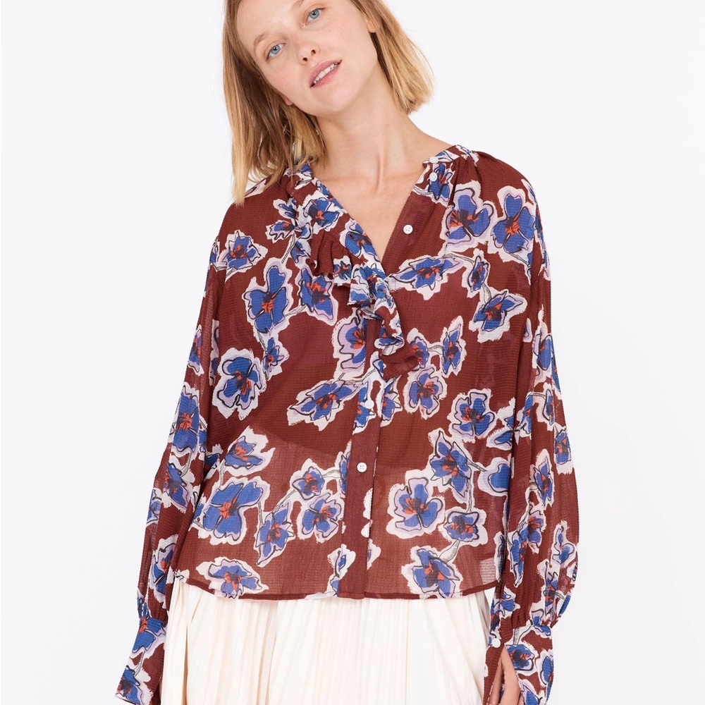 Tanya Taylor Rust Floral Button-Down Blouse with Blue Accents